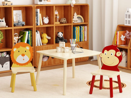 Kids Table And 2 Chairs Set, 3 Pieces Toddler Table And Chair Set, Wooden Activity Play Table Set (Lion&Monkey) - Natural