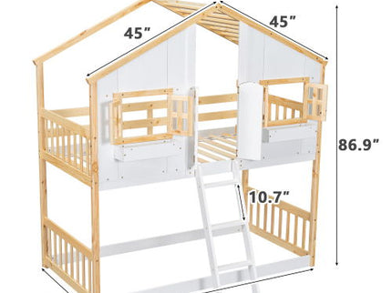 House Bunk Bed With Roof, Window, Window Box, Door, With Safety Guardrails And Ladder