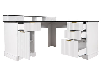 Fluted L-Shaped Desk With Charging Station & Storage Cabinet