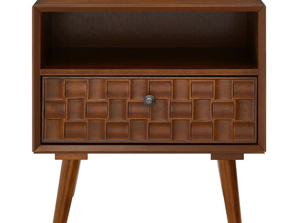 Nightstand With Carved Geometric Drawer Front, 1 Drawer And Open Shelf