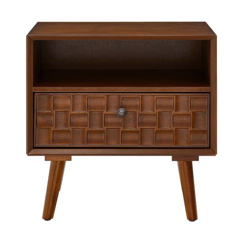 Nightstand With Carved Geometric Drawer Front, 1 Drawer And Open Shelf