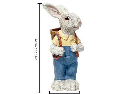 Simulated Couple Rabbit Statue Flower Pot Ornament, Resin Garden Sculpture Decor - Blue / White