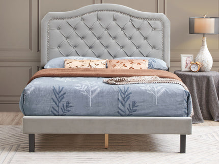 Queen Platform Upholstered Bed Button Tufted With Curve Design, Strong Wood Slat Support - Gray