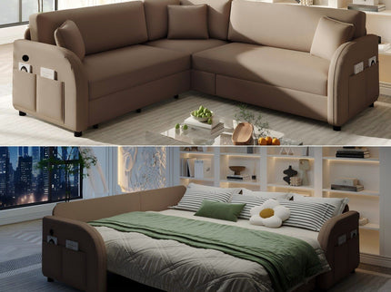 L-Shaped Couch With Pull-Out Bed, Oversize Convertible Sleeper Sofa With Side Pocket & USB Port