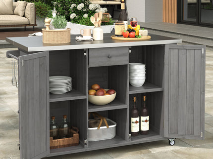 Outdoor Kitchen Island With Stainless Steel Top, Ample Storage Space, Towel And Spice Racks And A Bottle Opener