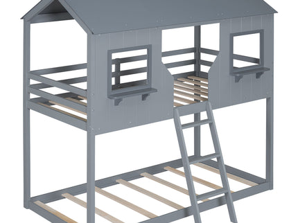 Twin Over Twin Bunk Bed With Roof, Window, Guardrail, Ladder