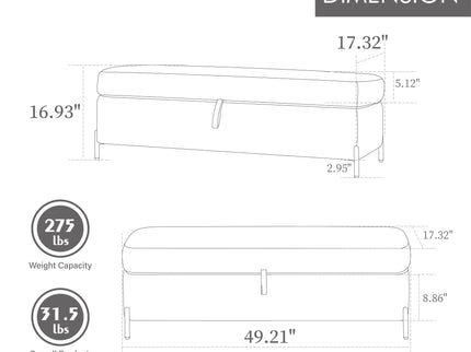 Wide Upholstered Storage Soft Bench Ottoman With Metal Legs
