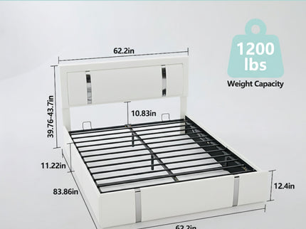 Upholstered Platform Bed Frame With Adjustable LED Headboard, USB C-Charging, Hydraulic Lift