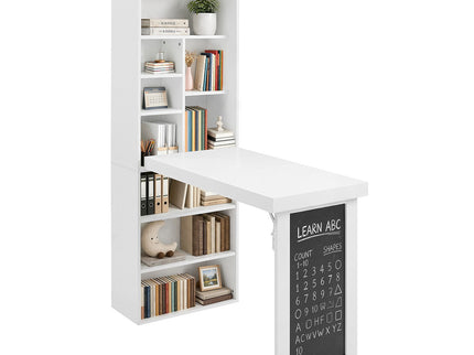 Folding Desk With Storage, Foldable Convertible Writing Table With Blackboard And Shelves For Home Office