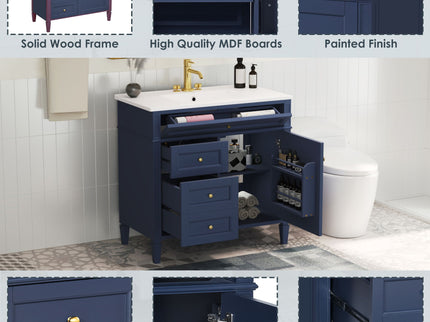 Bathroom Vanity With Top Sink, Modern Bathroom Storage Cabinet, 2 Drawers And A Tip-Out Drawer, Single Sink Bathroom Vanity - Blue