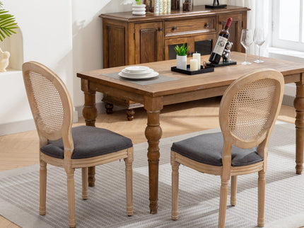 French Style Solid Wood Frame Antique Painting Fabric Rattan Back Dining Chair (Set of 2)