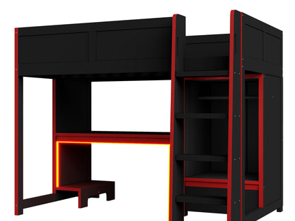 Gaming Loft Bed With Built In Desk, Wardrobe, LED Lighting And Drawer
