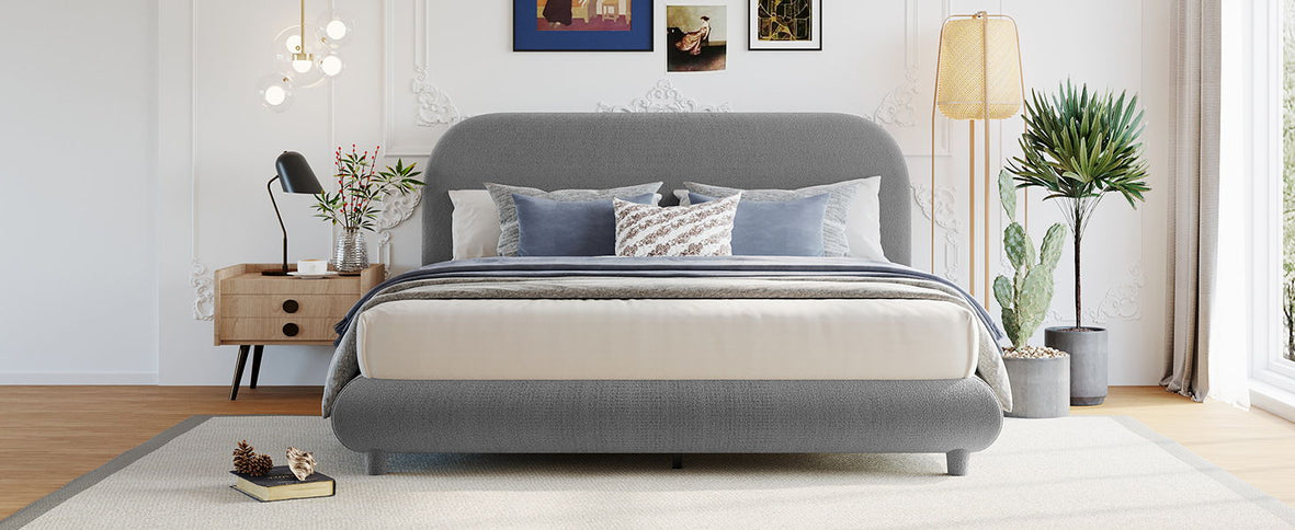 Upholstered Platform Bed With Thick Solid Frame And Stylish Curve-Shaped Design