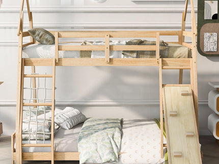 Twin Over Queen House Bunk Bed With Climbing Nets And Climbing Ramp