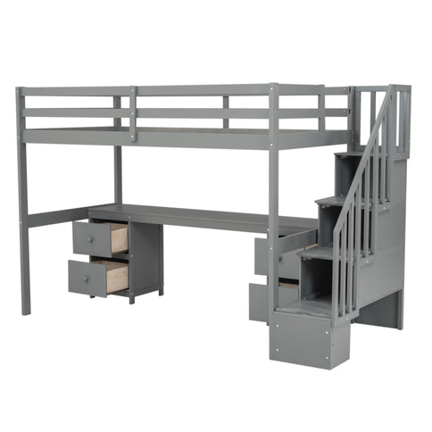 Loft Bed Frame With Built In Desk And Double Storage Drawers