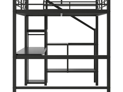 Full Size Loft Bed With Desk, Storage Staircase, Small Wardrobe And LED Light - Black