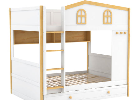 Full Over Full Bunk Bed With Storage Shelves And Trundle - White / Natural