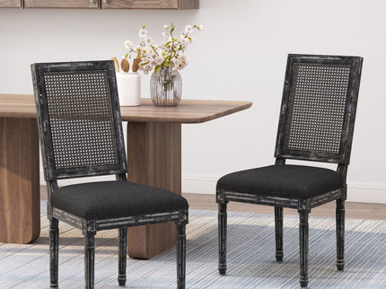 French Country Dining Chair With Rectangular Cane Backrest And Smooth Upholstered Seating