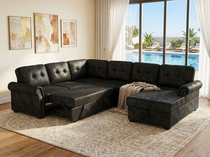 U Shape Sectional Sleeper Sofa With Pull Out Bed And Storage Chaise - Black