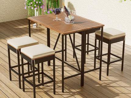 Outdoor Acacia Wood Bar Height Table And Eight Stools With Cushions
