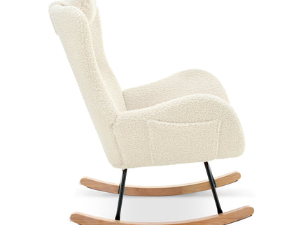 Rocking Chair Nursery, Teddy Upholstered Rocker Glider Chair With High Backrest, Adjustable Headrest & Pocket, Comfy Glider Chair For Nursery, Bedroom, Living Room, Offices, Rubber Wood