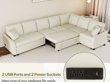 L-Shaped Sofa Convertible Sofa Bed Pull Out Sofa Sleeper With Two Back Pillows, Two USB Ports And Two Power Sockets For Living Room