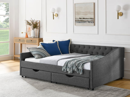 Upholstered Tufted Daybed With Drawers, Waved Arms