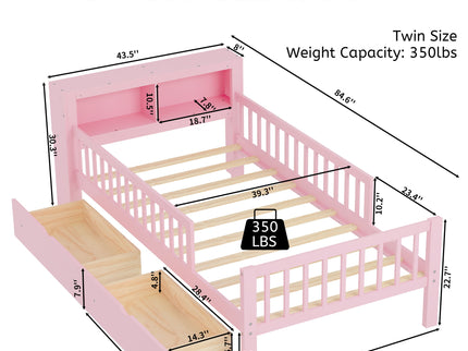 Bed With Headboard Storage Rack, 2 Under Bed Drawers, 3 Side Guardrails For Safety