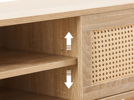 55.12" Rattan TV Cabinet, Double Sliding Doors For Storage, Adjustable Shelf, Solid Wood Legs, TV Console For Living Room