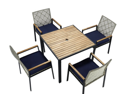 5 Piece Patio Dining Table Set, Acacia Wood Table Top With Umbrella Hole