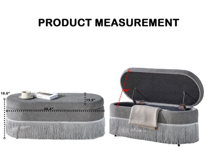 Oval Upholstered Storage Ottoman With Fringe Trim & Lift Top Lid