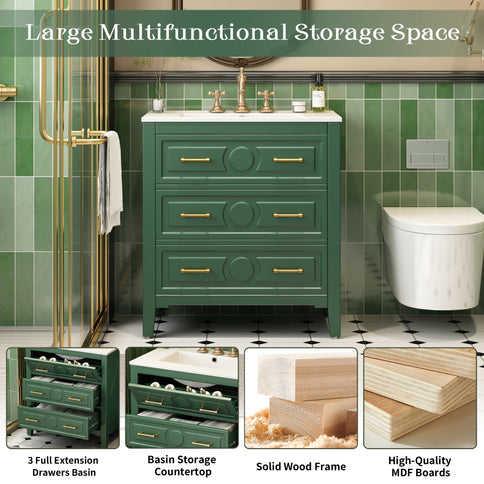Retro Bathroom Vanity With Sink Combo, Free Standing Single Set With 3 Drawers