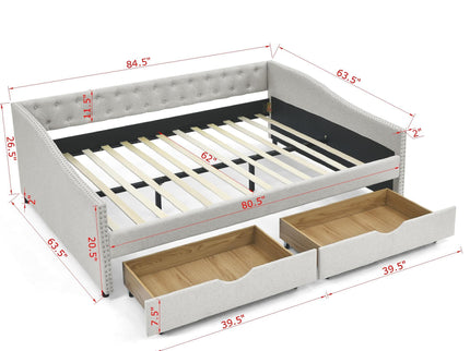 Upholstered Tufted Daybed With Drawers, Waved Arms
