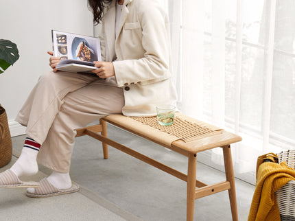Woven Design Dining Bench For Dining Room, Bedroom - Natural Oak