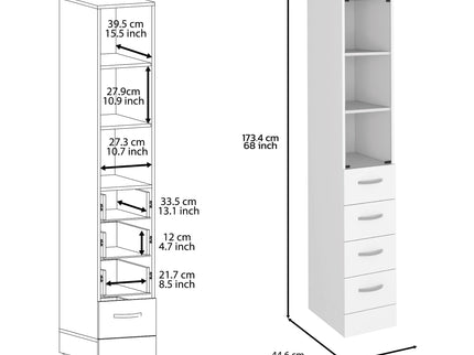 Linen Cabinet, 3 Shelves, 4 Drawers And Metal Handles - White