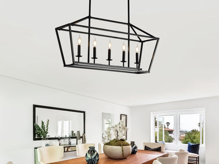 5 Light Farmhouse Kitchen Island Lighting, 5 Light Industrial Linear Chandelier For Dining Room Metal Hanging Pendant Light Fixture For Bedroom Living Room Hallway Conference Room - Matte Black