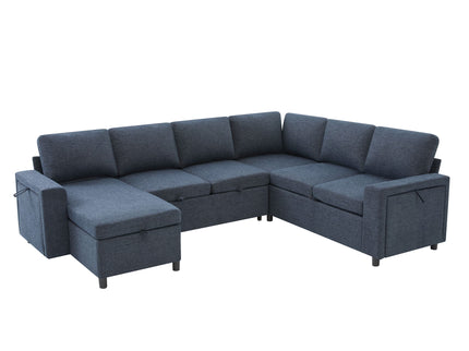 U - Shaped Convertible Sectional Sofa Bed With Storage, USB Charger & Cup Holders