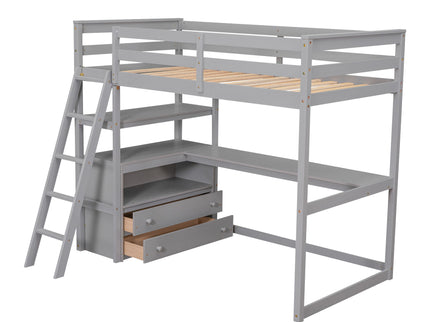 Modern Loft Bed With Built In Desk, Shelves, And 2 Drawers