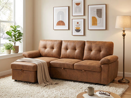 Convertible L - Sectional Sofa Bed With Storage Chaise And Padded Armrests