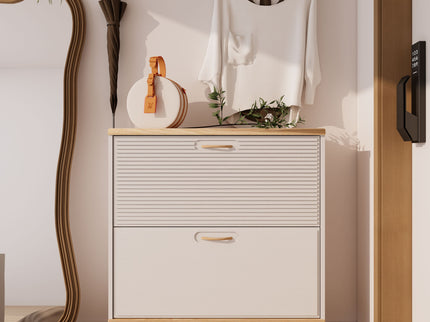 Narrow - Entryway Shoe Storage Cabinet With 2 Flip Drawers Legs - Natural / White