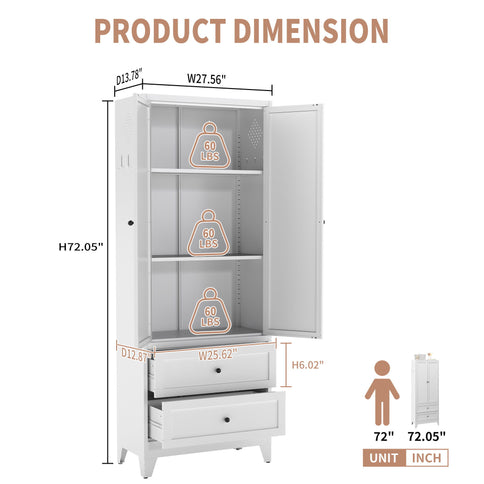 Pantry Cabinet With 2 Drawers, Adjustable Shelves, Freestanding Kitchen Storage Organizer - White