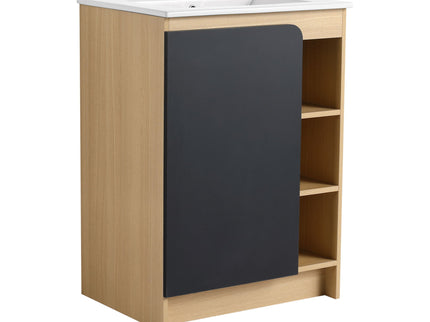 Freestanding Bathroom Vanity With Thin Rim Sink, Single Door With 4 Tier Open Shelves - Light Oak / White