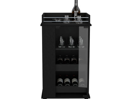 Bar Cart With Glass Door, 2 Side Shelves And Casters - Black