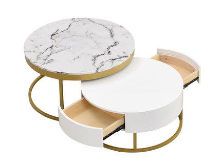 Round Nesting Coffee Table With Drawers - Golden / White