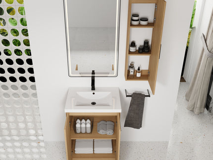 Freestanding Bathroom Vanity Set With Tall Linen Cabinet, Single Sink, Extra Storage, Soft Close Doors - Glossy White / Light Oak