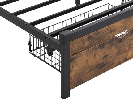 Modern Metal Platform Bed Frame With Wooden Headboard, USB Charging Station, Storage Drawers