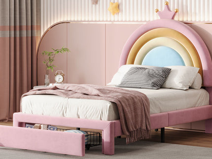 Upholstered Rainbow Design Bed, Princess Platform Bed With Storage Drawer
