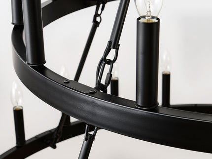 2 Tiers Wagon Wheel Chandelier Wooden Farmhouse 36 Light (24 / 12) Or (12 / 24) Metal Chandeliers 2 Story Light Fixtures Industrial For High Ceiling Living Dining Room Foyer, Adjustable Height - Black