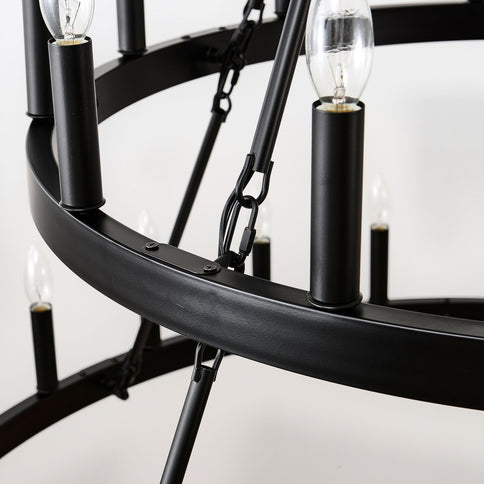 2 Tiers Wagon Wheel Chandelier Wooden Farmhouse 36 Light (24 / 12) Or (12 / 24) Metal Chandeliers 2 Story Light Fixtures Industrial For High Ceiling Living Dining Room Foyer, Adjustable Height - Black