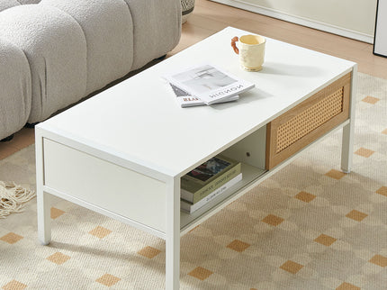 40.16" Rattan Coffee Table, Sliding Door For Storage, Metal Legs, Modern Table For Living Room